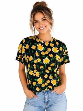 NWT Zara Black Yellow Daisy Floral Print Top Size Small